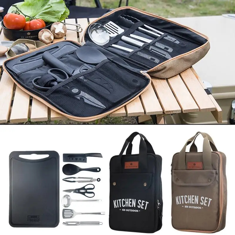 Outdoor Camping Kitchen Set - 8-delige campingkeukenset, draagbare outdoor reisgerei, roestvrijstalen